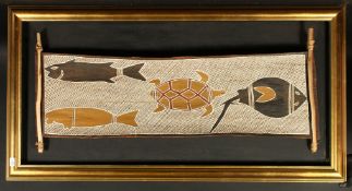 Aboriginal School, 20th Century, Depictions of animals on a natural wood panel, mixed media, 12