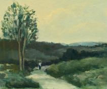 H.E. Lewis (20th Century) British, Figures on a pathway at dusk, oil on panel, signed with initials,