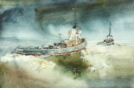 David Morris, Two Hull fishing boats under way, watercolour, signed, 13.25