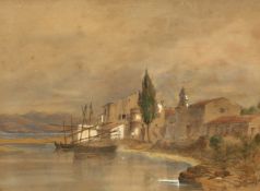 19th Century Continental School, Boats moored on a mountain lake with a figure by a building,