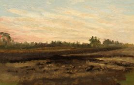 Ernest Weber (b.1905) British, Landscape over fields at dusk, oil on canvas laid down, signed, 9.