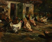 A. Leroy (19th/20th Century) French, Chickens in a barnyard, oil on carton, signed, 7