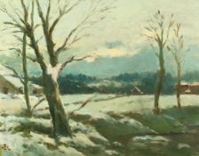 H.E. Lewis (20th Century) British, 'Snow Scene', A winter landscape at dusk, oil on board, signed