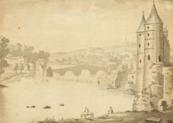 French School (c.1750) A view of the Ch teau de Josselin, Brittany, pen and ink, titled and