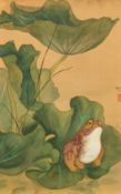 Heather James (20/21st Century) 'Toad upon lotus leaf', watercolour, signed and stamped, 20