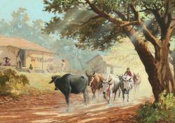 J.T James, 'Misty morning', A herd of Asian bullocks being driven past native huts, gouache,