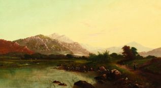 Attributed to Edwin Henry Boddington (1836-1905) British, Figures on a path by a river with