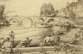 Josef Israels, Children seated on a dune, signed in pencil and dedicated by the artist, 3.75