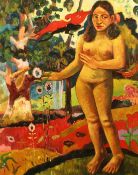 After Gauguin, A female nude in a colourful landscape, oil on canvas, 30