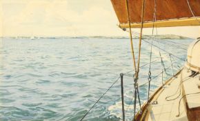 Manner of Arthur Briscoe, View of a coastline from on board a yacht, watercolour, 10.5