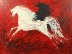 Mary Fitzgerald (b.1956) Irish, A black and white horse on a red background, oil on board, signed