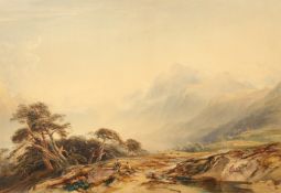 Attributed to Copley Fielding, Figures resting in a mountainous landscape, watercolour, signed,
