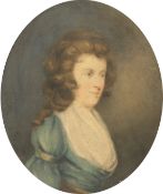 Manner of Hoppner, Bust length portrait of a lady, watercolour, 11.5