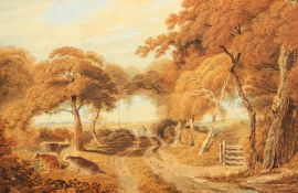 Thomas Pyne, RI RBA (1843-1935) British, Cattle alongside a road, watercolour, 8.5
