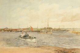 Early 20th Century School, Figures in a rowing boat in a harbour, watercolour, 8