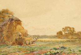 Claude Hayes (1852-1922) Irish, A figure on a horse and cart gathering hay, watercolour, signed,