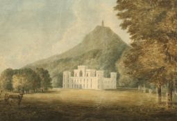 British School (c.1850) A neogothic stately home in a park beside a mount, watercolour, 8.25