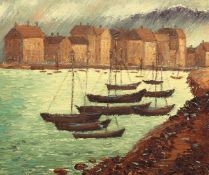 Mid-20th Century Continental School, Fishing boats moored in a harbour with buildings and