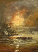 Circle of Aivazovsky or Zonsro? A mosque at the coast by moonlight with fishing boats, oil on