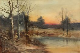 F. Walters, A Winter woodland pond at sunset, oil on canvas, signed, 20