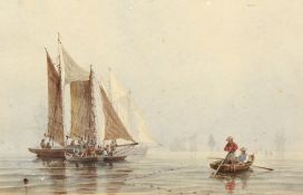 Circle of Nicholas Condy, Fisherman in a rowing boat by sailboats, watercolour, 6.5