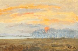 Hugh Boycott-Brown (1909-1990) British, Sunset over a tree lined lake, oil on board, signed with