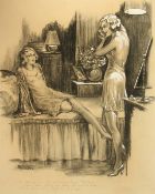 Margaret Townsend, Ladies in a bedroom conversing, drawing, charcoal with white, signed and bears