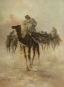 20th Century, Arab men riding camels, oil on canvas, initialed and dated '87, 19.5