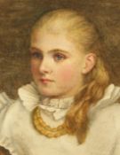 E. Atkins, Head and shoulders study of a young girl with beaded necklace, watercolour, signed, 8.75