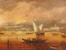 Continental School, Sun setting over Venice with sailing boats, oil on canvas, indistinctly