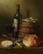 Brian Davies, (1942-2014) British, still life of wine, bread, cheese and gherkins, oil on canvas,