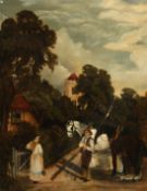 19th Century English School, figures conversing on a country lane, oil on canvas, signed with