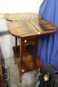 A Victorian folding games table top (lacking base) together with other small furniture.