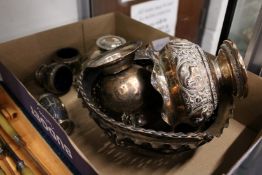 A silver topped cut glass inkwell and other items.