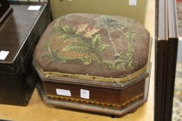 A Victorian mahogany needlework box with bead work embroidered top.