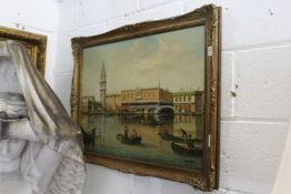 Tierno, a Venetian canal scene with figures in barges and buildings, oil on canvas.