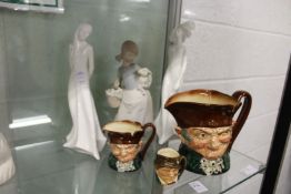 Three Lladro figurines and Doulton character jugs.