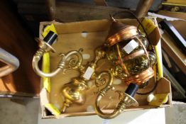 A brass two branch wall light and a hanging lantern.
