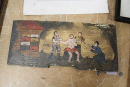 A small painted wooden panel depicting a rural scene with musicians.