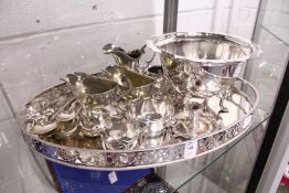 A plated galleried tray and other items to include sauce boats and a chamber stick.