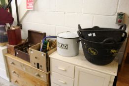 An old petrol can, various tools, an enamel bread bin etc.