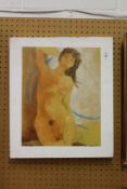 A reclining female nude colour print.