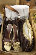 A highly decorative ladies' evening bag with matching shoes, together with another handbag.