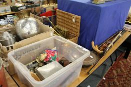 A bed warming pan, walking sticks etc.