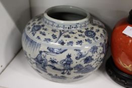 A Chinese blue and white circular bowl or vase.