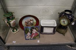 A decorative continental porcelain vase shaped lamp base and other china.