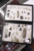 Two cases containing Neolithic and other flint arrow heads etc.