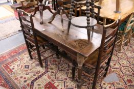 A good small 18th / 19th century oak plank top refectory style table on turned legs with an H-shaped