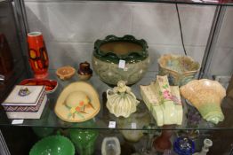 Poole Pottery Delphis china, a large Doulton style jardiniere, various wall pockets.