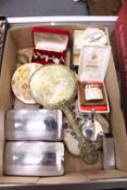 A silver mustard pot, decorative ladies' compacts and other collectables.